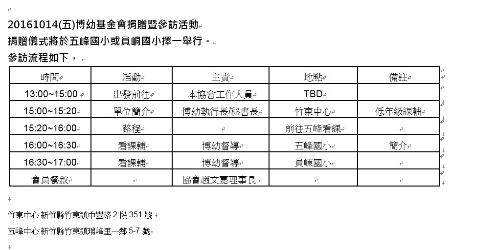 20161014(五)博幼基金會捐贈暨參訪活動-行程表