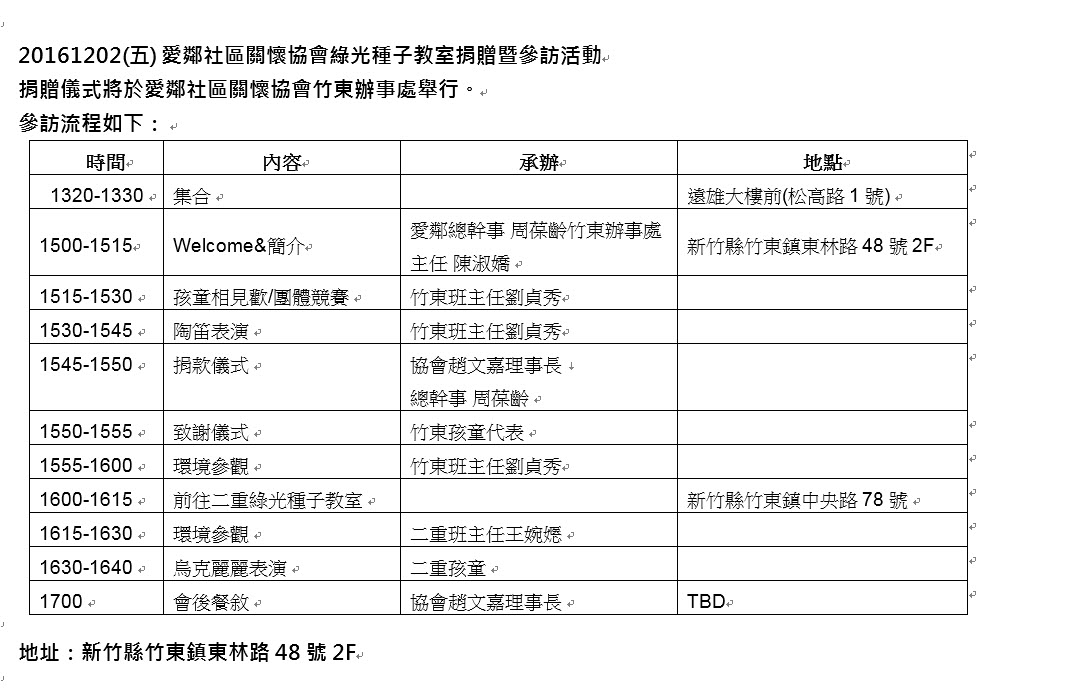 20161202(五) 愛鄰社區關懷協會綠光種子教室捐贈暨參訪活動-行程